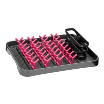 Image of Premier Housewares Dish Drainer Grey Hot Pink Rack Cutlery Sink Draining Board Kitchen