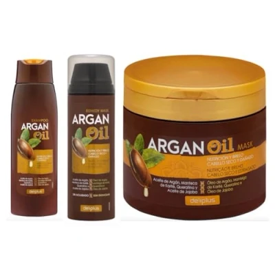 Image of Pack 3 Argan Oil Line Shampoo 400 ml + Mask Jar Without Rinse 150 3. Deliplus