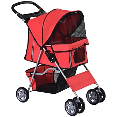 Image of PawHut Pet Stroller for Small Miniature Dogs Cats Foldable Travel Carriage with Wheels Zipper Entry Cup Holder Storage Basket Red