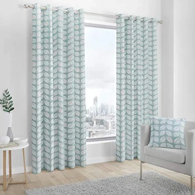 Image of Fusion Delft Leaf Print 100% Cotton Eyelet Lined Curtains, Duck Egg, 90 x 72 Inch, Polyester, W229cm (90&quot;) D183cm (72&quot;)