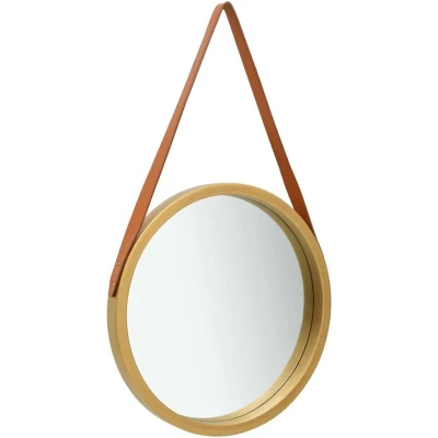 Image of vidaXL Wall Mounted Mirror with Adjustable Strap, 40 cm Diameter, Paulownia Wood Framed, Retro Inspired, Gold and Brown