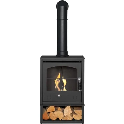 Image of OKO S2 Bio Ethanol Stove with Log Storage in Charcoal Grey Tall Angled Pipe