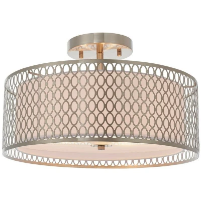 Image of Cordero 3 Light Flush Satin Nickel Plate &amp; White Cotton Mix, E27