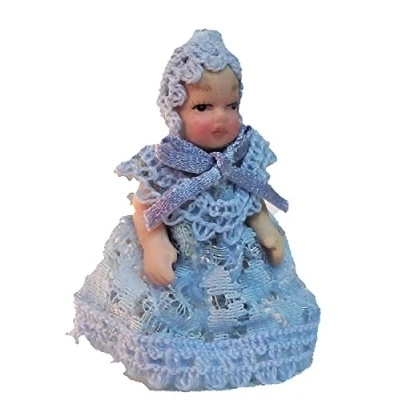 Image of Melody Jane Dolls House Victorian Baby in Blue Lace Miniature Porcelain People
