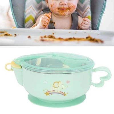 Image of 400 ml Feeding Bowl, Leakproof Cute Insulated Sanitary Stainless Steel Water Injection for Heat Preservation Baby Feeding(Stainless Bowl Green Elephant)
