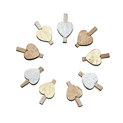 Image of Packs of 50 30mm Love Hearts on Mini NATURAL Wooden Craft Pegs Colour Choice and Pack Quantity (Gold &amp; Silver)