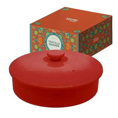 Image of Chef Tacos Ceramic Tortilla Warmer, Microwavable, 20 cm (8 Inch), Holder Container, Pancake Keeper, Best for Storage Tortilleros, with Lid (Red)