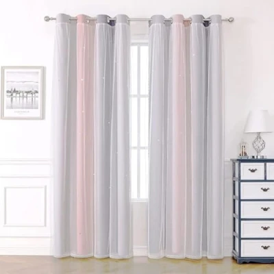 Image of Blackout Curtains for Living Room Bedroom Nursery Home, Thick Eyelet Thermal Winter, White Voile Curtain Net Windows, 2 Panels 46 x 54 inch Drop Pink Grey