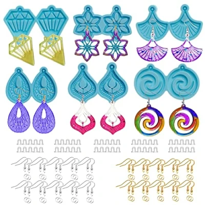 Image of Cayway Earring Silicone Resin Moulds, 6 Pair Jewelry Molds Epoxy for Casing with Ear Hook, Jump Rings, Back Earring, Key Chains, Pendant DIY