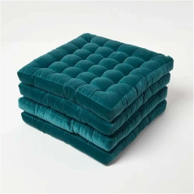 Image of HOMESCAPES Set of 4 Teal Green Velvet Seat Pads for Dining Chair 40 x cm Super Soft 100% Cotton Quilted with Straps Indoor &amp; Outdoor Garden Use Lasting Comfort Support