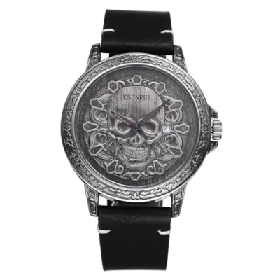 Image of JewelryWe Punk Skull Leather Watches: Cool Round Analog Quartz Calendar Watch Mens Gothic Vintage Wristwatch for Halloween