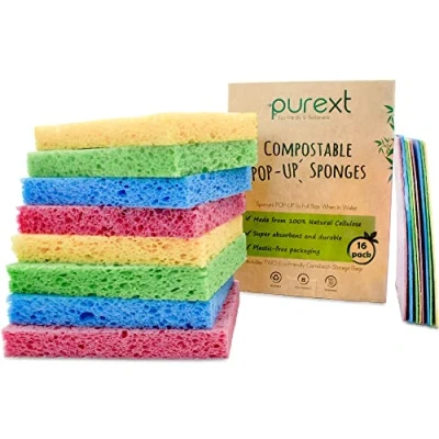 Image of PureXT 16 Pop Up Eco Sponges Compostable, Cellulose Dish Cleaning, Washing Up, Kitchen, Bathroom
