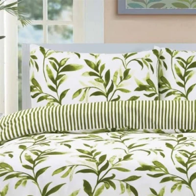 Image of Homespace Direct Ellie Green Watercolour Leaves Duvet Cover Set Striped Reverse Fully Reversible Bedding King