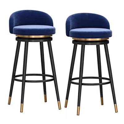 Image of AZMANI Swivel Bar Stools Set of 2 Counter Height with Back, Farmhouse Kitchen Breakfast Stools, 360 Swivel, Velvet Upholstered Seat, Gold Metal Legs,Blue,65cm(25.59in)
