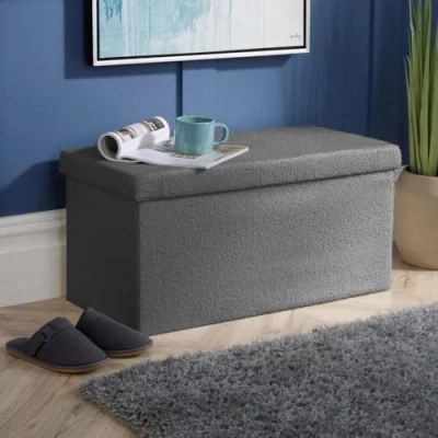 Image of Home Source Folding Ottoman Boucle Teddy Bear Fabric Storage Chest, Grey, 76cm Rectangle