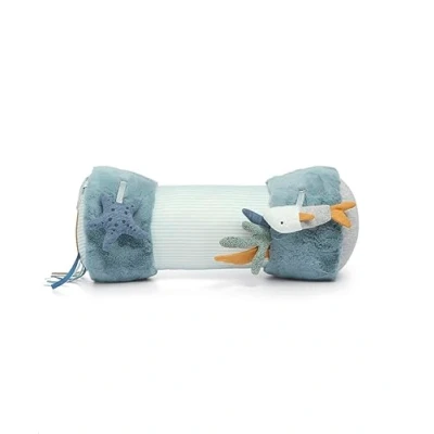 Image of Mamas &amp; Papas Tummy Time Roll, Interactive Soft Baby Pillow with Integrated Rattle, Welcome to The World, Blue
