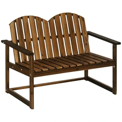 Image of Outsunny Outdoor Wooden Garden Bench, Patio Loveseat Chair with Slatted Backrest and Smooth Armrests for Two People, Yard, Lawn, Porch, Carbonised Finish