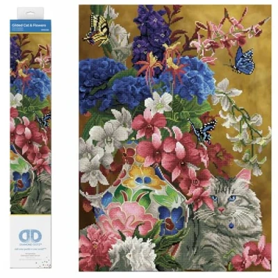 Image of DIAMOND DOTZ Painting Kit, Advanced, DD13, Gilded Cat &amp; Flowers, 52 x 72cm, DD13.030