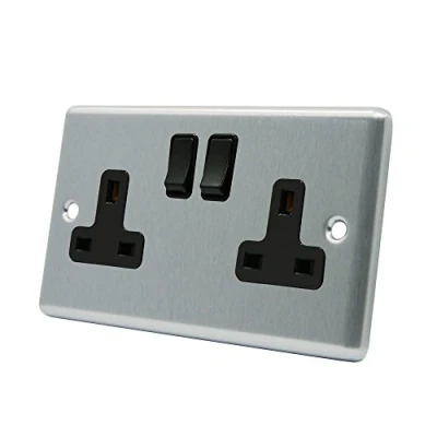 Image of AET CSC2GSOCBL Satin Chrome Classical 2 Gang Black Insert Plastic Rocker Switches 13 Amp Double Plug Socket, 240 V