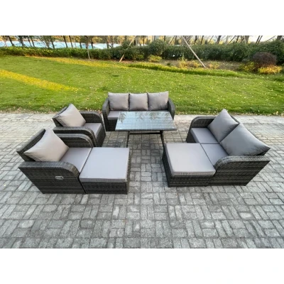 Image of Rattan Garden Furniture Dining Set 9 seater Patio Rectangular Table 2 Big Footstool Love Sofa Dark Grey Mixed Fimous