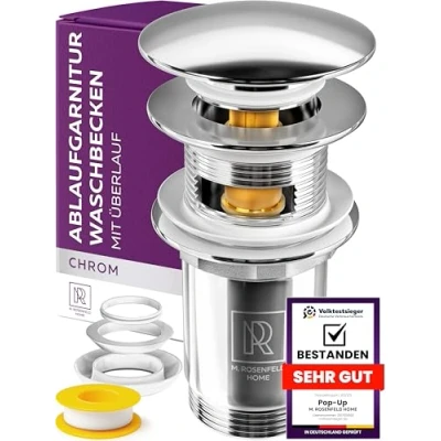 Image of Sink Drain Fitting with Overflow for Washbasin, Pop Up Valve, Chrome 4 Replacement Brass Seals M. ROSENFELD HOME