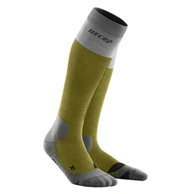 Image of CEP â“ hiking LIGHT MERINO REDESIGN socks for women Long with activating compression in Olive/grey Size IV L