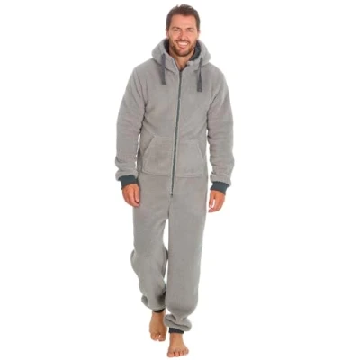 Image of Slumber Hut® Mens and Boys Grey Snuggle Fleece Hooded Onesie Matching Adult &amp; Child Sizes Warm Shaggy All in One Pyjamas Elasticated Cuffs