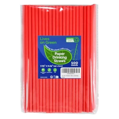 Image of Lives on Green Disposable 19.7 cm Solid Red Paper Straws Pack of 100 for Drinking, Decoration, Cakes, DIY Arts &amp; Crafts Environmentally Friendly