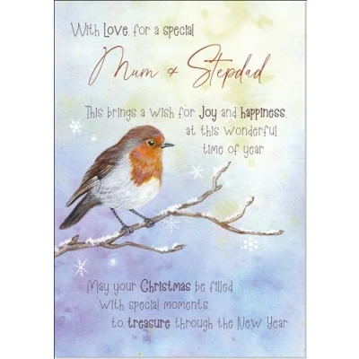 Image of doodlecards Mum and Stepdad Christmas Card Watercolour Robin In The Frost Medium Size with Plain Envelope