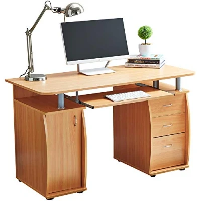 Image of RayGar Beech Deluxe Design Computer Desk With Cabinet and 3 Drawers For Home Office Table Workstation New (Beech)