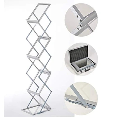 Image of display SALES A4 Brochure Stand Foldable Leaflet holder 6 x DIN Magazine Aluminium and acrylic stands incl. Carry Case Base Silver