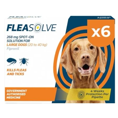 Image of FleaSolve x 6 Flea &amp; Tick Treatment for Dogs 20 40kg Spot On and Large Sized Pipettes.