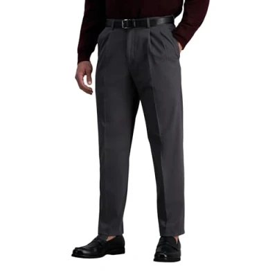 Image of Haggar Premium No Iron Classic Fit Pleated Waist Expandable Front Casual Trousers Men, Dark Grey, 42W x 29L