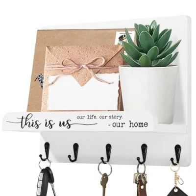 Image of AOAOPQ Key Holder for Wall with Shelf This is us White Farmhouse and Mail Decorative Hooks Entryway Bedroom Bathroom Organizer
