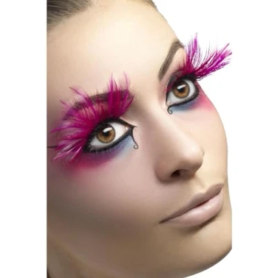 Image of Smiffys Eyelashes, Pink with Feather Plumes, Contains Glue, Fever Eyelashes Fancy Dress, Dress Up Cosmetics &amp; Disguises.