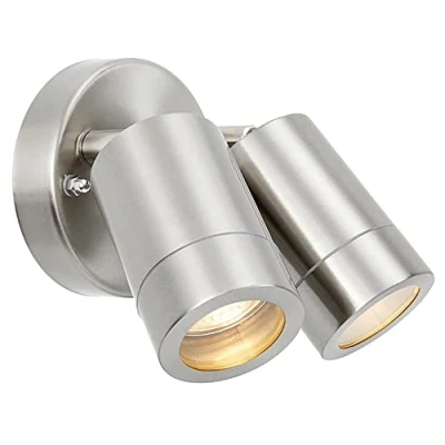 Image of ENDON Palin Twin Outside Lights Outdoor Wall IP44 Rated Mains Powered Security Spotlights Brushed Stainless Steel Finish Requires 2X 7W LED GU10 (Not Supplied)