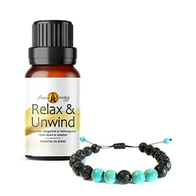 Image of Lava Stone Aromatherapy Diffuser Bracelet and Relax &amp; Unwind Essential Oil 10ml (Blend of Lavender, Bergamot Lemongrass)