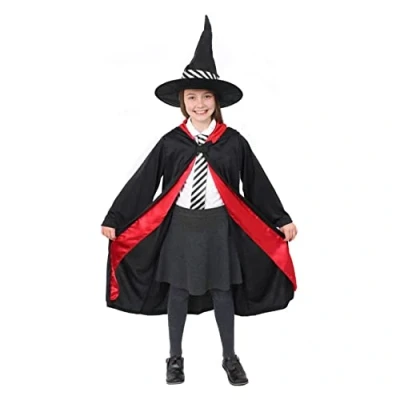 Image of Girls School Witch Costume Small Black Cape with Matching Hat and &amp; White Striped Tie World Book Day Fancy Dress