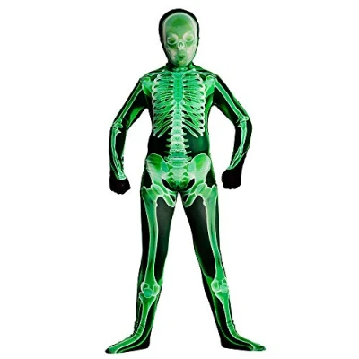 Image of Kids Unisex Green X Ray Skinz Large 11 13 years Skeleton Print Halloween Fancy Dress Costume