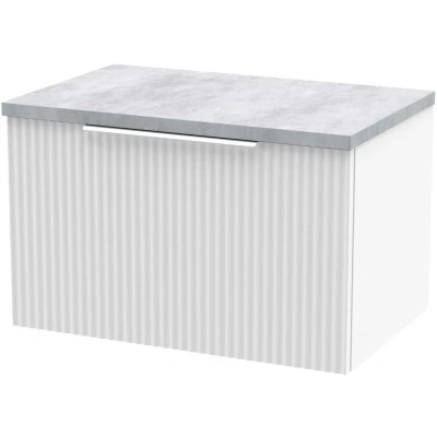 Image of Hudson Reed DFF194LBG Fluted Modern Bathroom Wall Hung 1 Drawer Vanity Unit with Bellato Grey Laminate Worktop, 600mm, Satin White