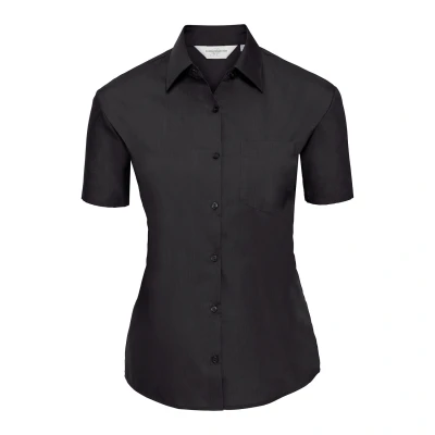 Image of Russell Athletic Collection Womens/Ladies Poplin Easy Care Short Sleeved Shirt (Black) Size Medium