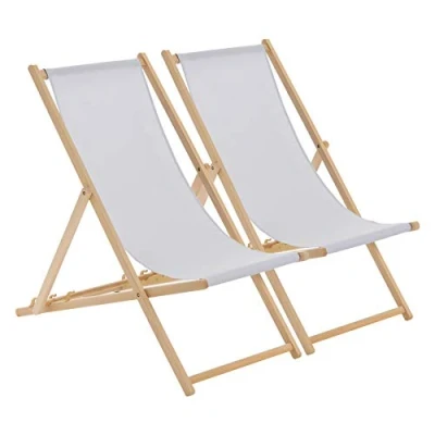 Image of Harbour Housewares Folding Wooden Deck Chairs Light Grey Pack of 2 Adults Traditional Foldable Reclining Outdoor Canvas Sun Lounger Chair Seat for Garden Patio, Beach, Camping