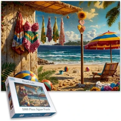 Image of Beach Life 1000 Piece Jigsaw Puzzle Colourful Coastal Escape with Sun, Sand &amp; Sea For Adults Size 50 x 66 CM