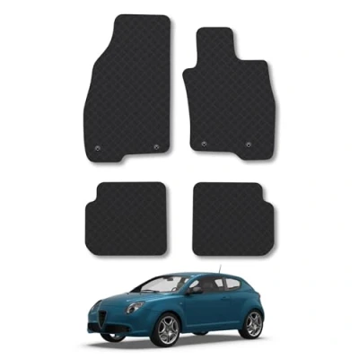 Image of Rubber Car Mats Compatible with Alfa Romeo Mito (2008 2018) Tailored Fit Floor Set Accessory Black Custom 4 Pieces Clips Anti Slip Backing, Heavy Duty &amp; Waterproof