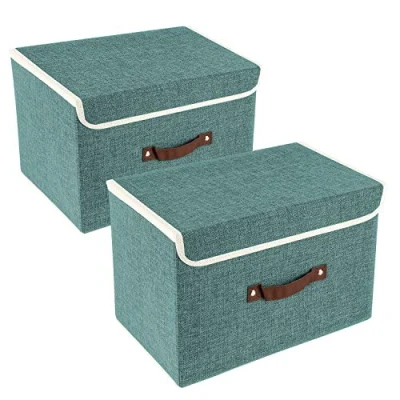 Image of TYEERS Collapsible Storage Box with Lid, Fabric for Clothes, Wardrobe Storage, 38x25x25 cm, Set of 2, Aqua Deep