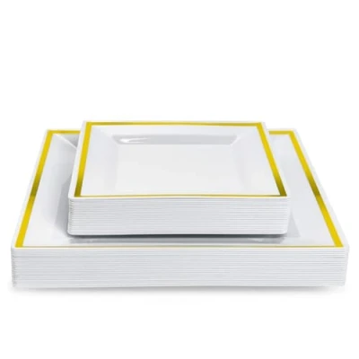 Image of MATANA 40 Premium Square White Plastic Dessert Plates with Gold Rim Reusable Small Side Plates, Starter for Weddings, Birthdays, Picnic, BBQ, Parties 20 16.5cm &amp; 24cm