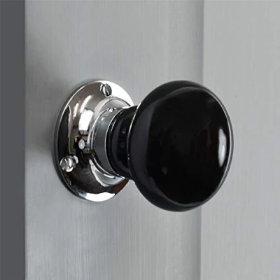 Image of Pair of Ceramic Sprung Door Knobs inc. Spindle &amp; Fixing Screws Midnight Black/Chrome Back Plate