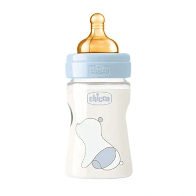 Image of Chicco Original Touch Anti Colic Baby Bottle with 100% Natural Latex Teat, Slow Flow 0+ Months, 150 ml Plastic for Newborns, Blue