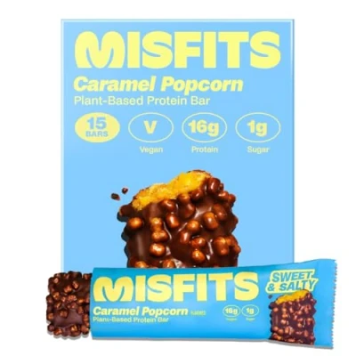 Image of Misfits Vegan Protein Bars, Sweet &amp; Salty Caramel Popcorn Updated Recipe Low Sugar Carb, High Fibre Snacks Pack of 15