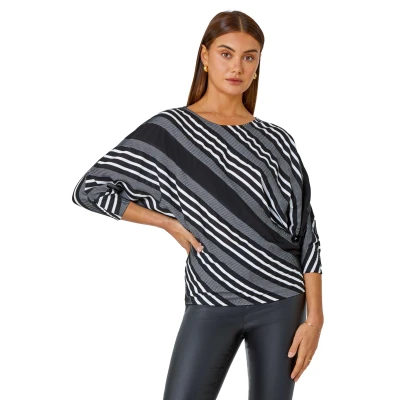 Image of Roman Originals Relaxed Stripe Print Stretch Top for Women UK Ladies Everyday Autumn Winter Round Neckline Comfy Soft Evening Vacation Work Party Night Out Black Size 20